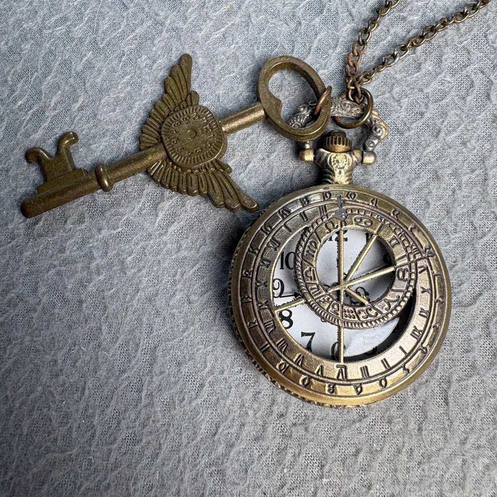 Steampunk Astrolabe Pocket Watch Winged Key Pendant Necklace Bronze Tone Antique
